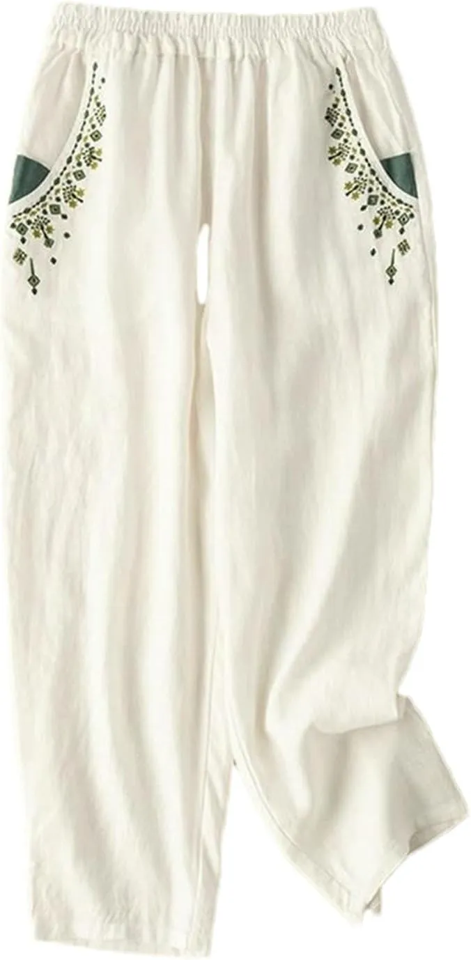Summer Cotton and Linen Embroidered Carrot Pants Elastic Waist Harem Pocket Loose Casual Nine-Point Pants
