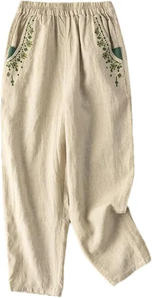 Summer Cotton and Linen Embroidered Carrot Pants Elastic Waist Harem Pocket Loose Casual Nine-Point Pants