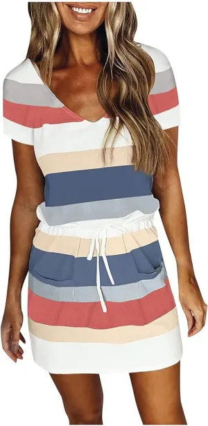 Summer Dresses For Women 2024 Casual Striped Beach Sun Dress,Loose Plus Size Drawstring Cute Dresses, Trendy Short Sleeve V Neck Mini Sundresses,Fashion T Shirt Dress With Pockets(B Red,Large)