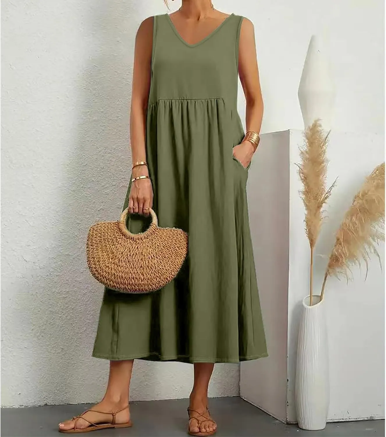 Summer Dresses for Women 2024 Cotton Linen Beach Maxi Dress Casual Sundresses Long Flowy T Shirt Dress with Pockets