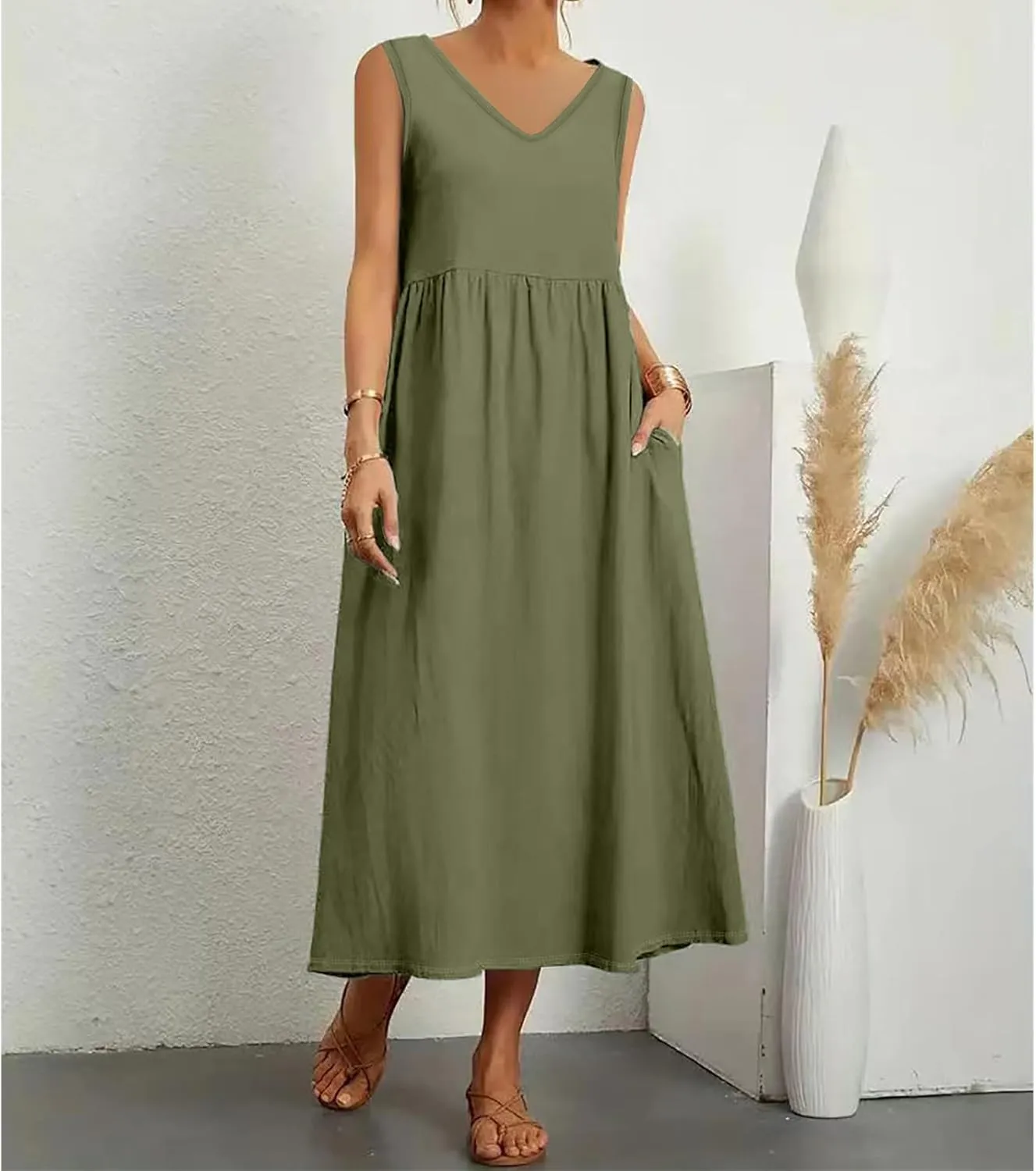 Summer Dresses for Women 2024 Cotton Linen Beach Maxi Dress Casual Sundresses Long Flowy T Shirt Dress with Pockets