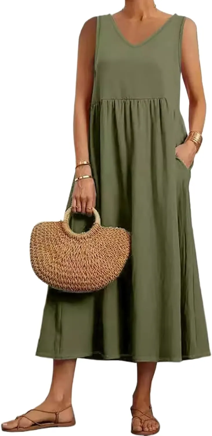 Summer Dresses for Women 2024 Cotton Linen Beach Maxi Dress Casual Sundresses Long Flowy T Shirt Dress with Pockets