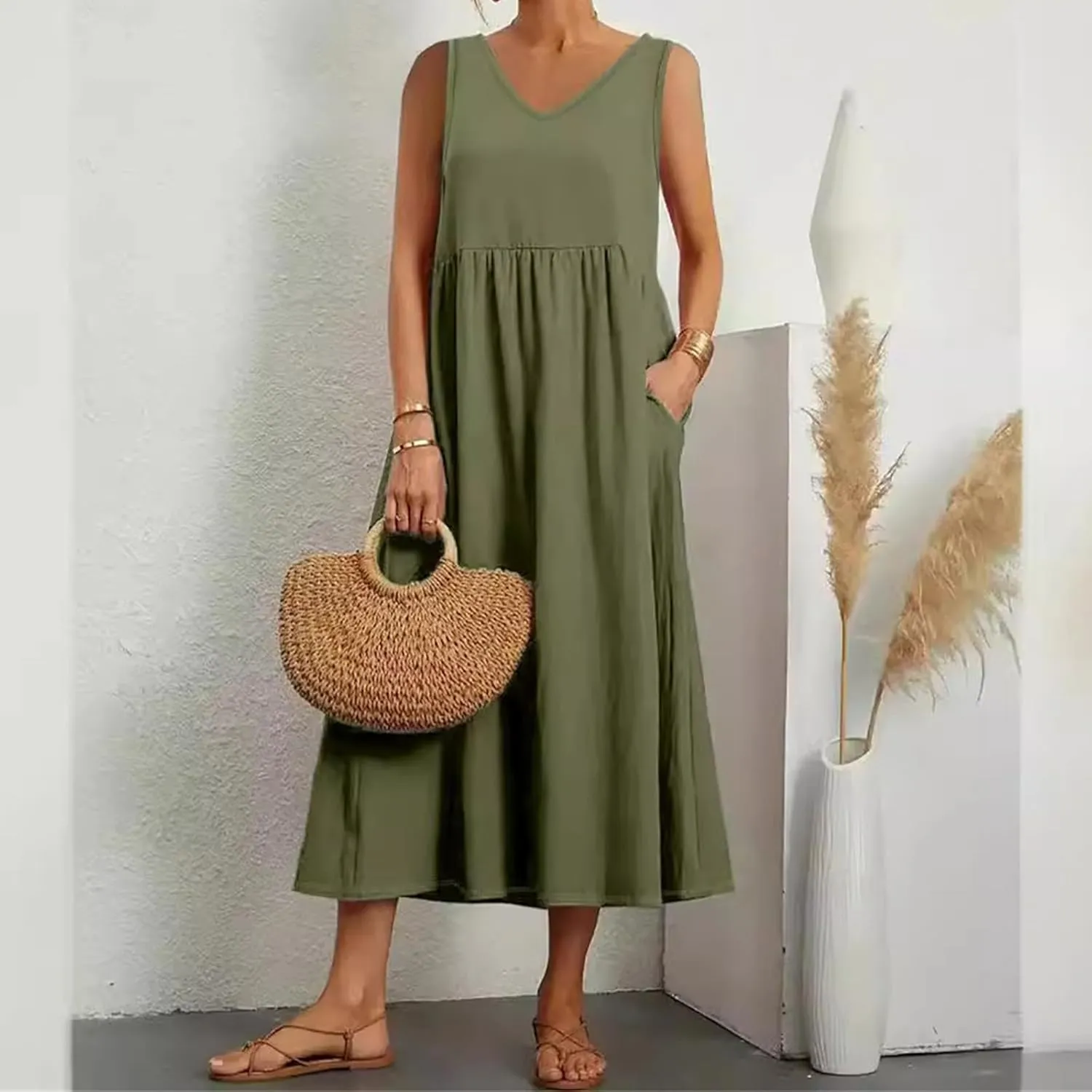 Summer Dresses for Women 2024 Cotton Linen Beach Maxi Dress Casual Sundresses Long Flowy T Shirt Dress with Pockets