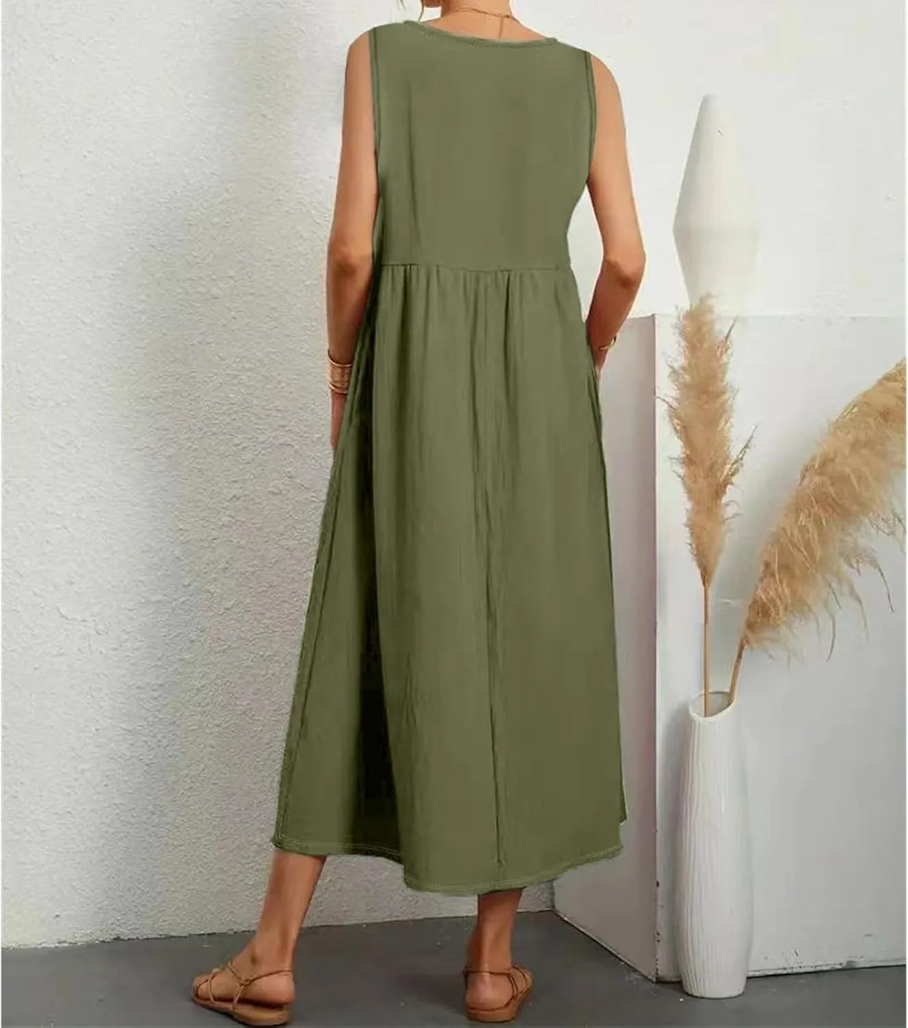 Summer Dresses for Women 2024 Cotton Linen Beach Maxi Dress Casual Sundresses Long Flowy T Shirt Dress with Pockets