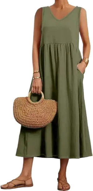 Summer Dresses for Women 2024 Cotton Linen Beach Maxi Dress Casual Sundresses Long Flowy T Shirt Dress with Pockets