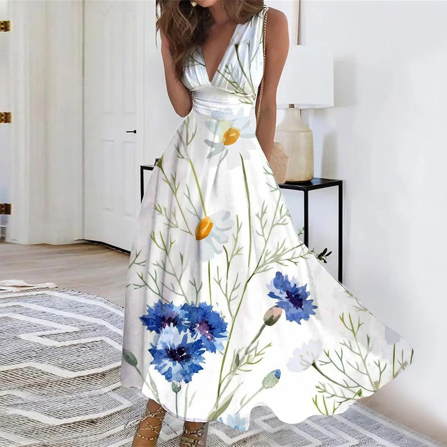 Summer Dresses for Women 2024 Vintage Boho Floral Long Maxi Dress Wrap V Neck Sleeveless Flowy Swing Beach Vacation Sundress