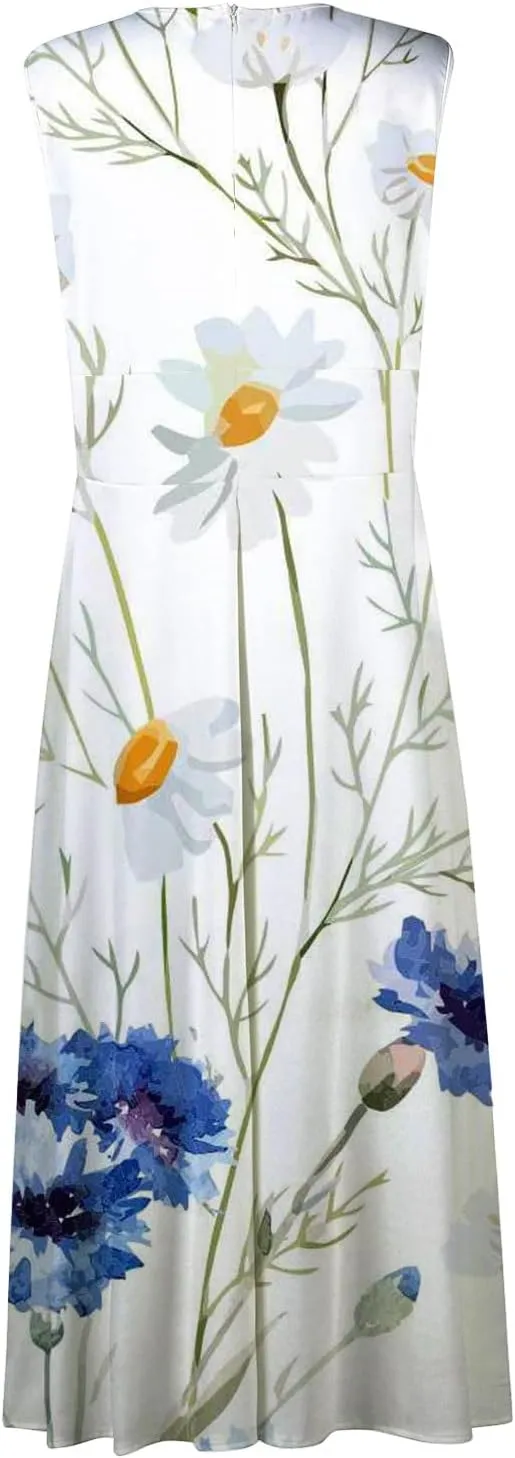 Summer Dresses for Women 2024 Vintage Boho Floral Long Maxi Dress Wrap V Neck Sleeveless Flowy Swing Beach Vacation Sundress