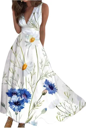 Summer Dresses for Women 2024 Vintage Boho Floral Long Maxi Dress Wrap V Neck Sleeveless Flowy Swing Beach Vacation Sundress