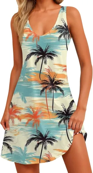 Summer Dresses for Women 2025 Casual Loose Tank Dress V-Neck Floral T Shirt Dresses Boho Beach Sleeveless Sundresses