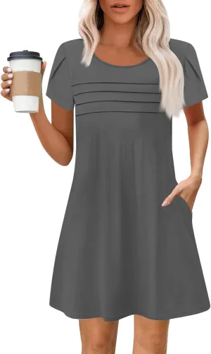 Summer Dresses for Women 2025 Casual T Shirt Dresses Crew Neck Floral Short Sleeve Dress Pleated Front Beach Dress