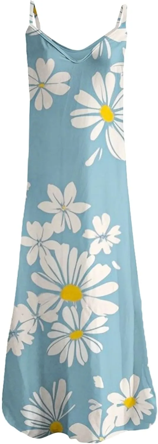 Summer Dresses for Women 2025 Casual V Neck Floral Graphic Sundress Spaghetti Strap Vacation Beach Flowy Maxi Dress