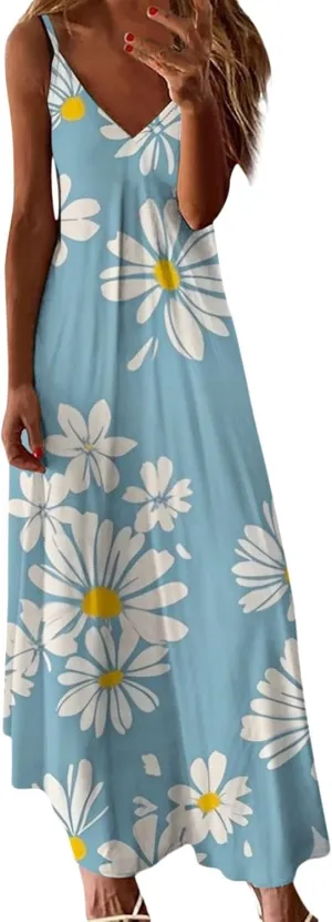 Summer Dresses for Women 2025 Casual V Neck Floral Graphic Sundress Spaghetti Strap Vacation Beach Flowy Maxi Dress