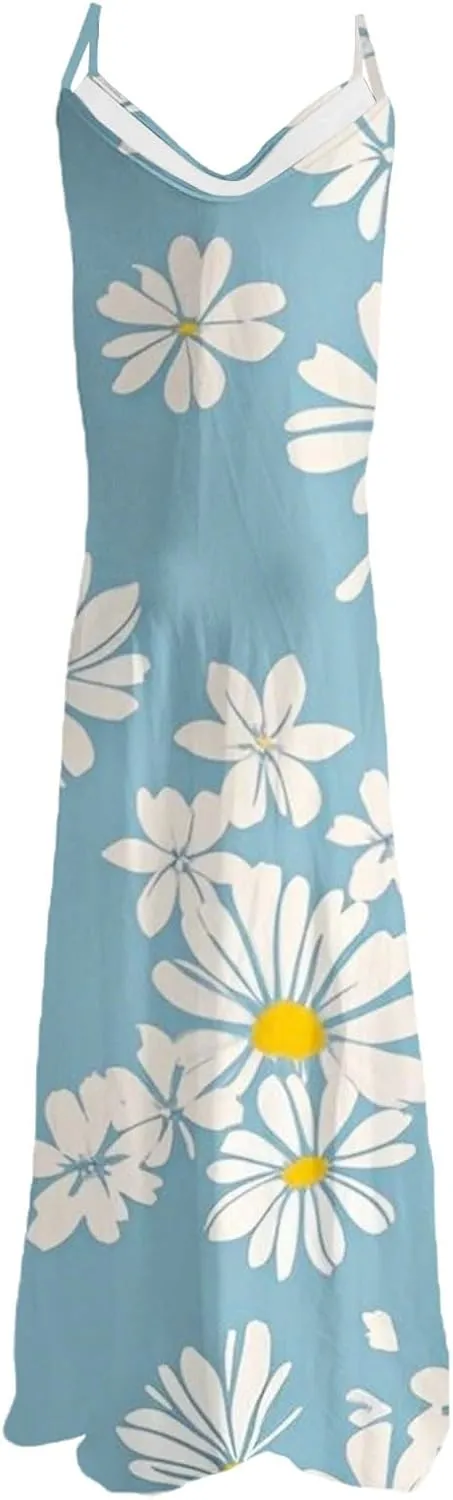 Summer Dresses for Women 2025 Casual V Neck Floral Graphic Sundress Spaghetti Strap Vacation Beach Flowy Maxi Dress