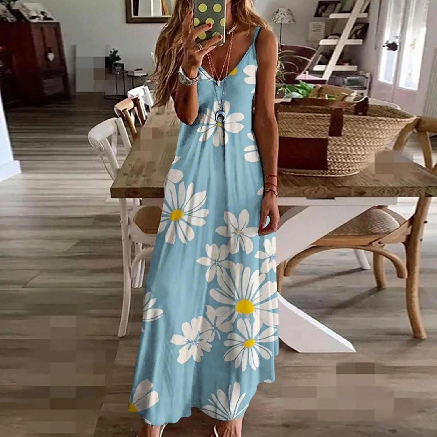 Summer Dresses for Women 2025 Casual V Neck Floral Graphic Sundress Spaghetti Strap Vacation Beach Flowy Maxi Dress