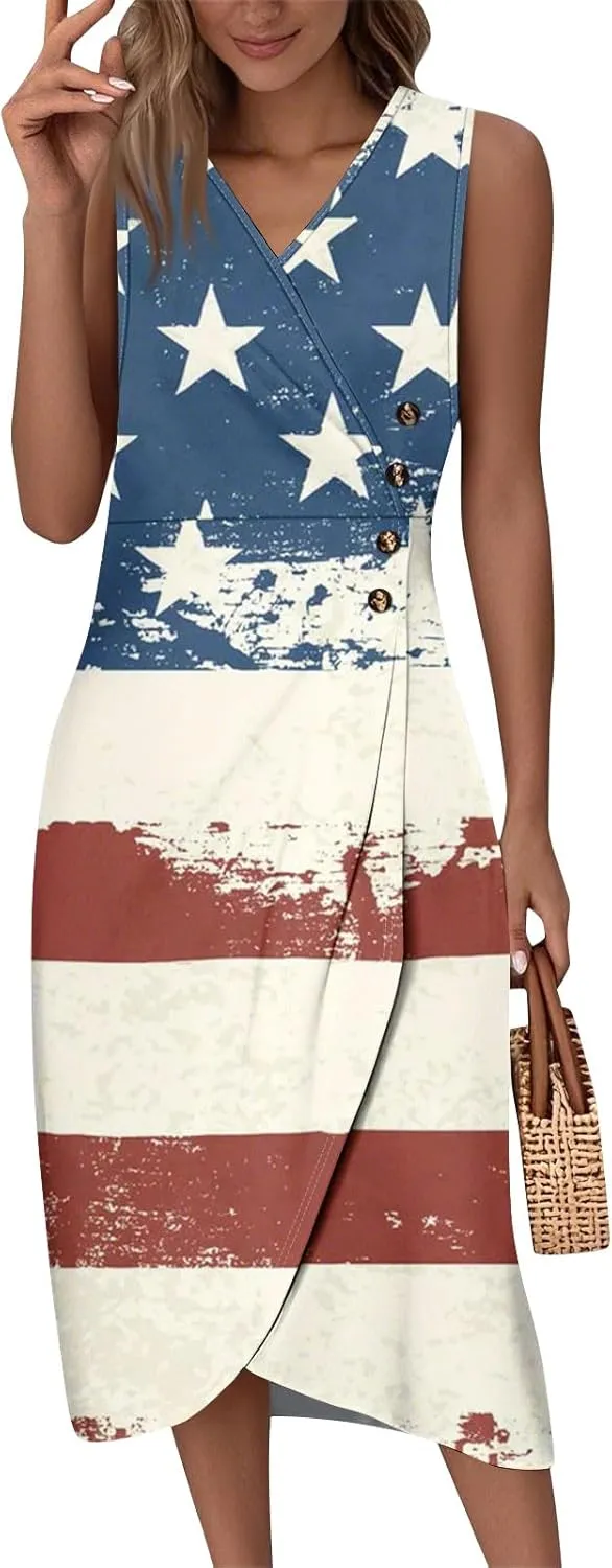 Summer Dresses for Women 2025 Casual V Neck Sleeveless Midi Dress Flowy Irregular Hem Boho Tank Dress