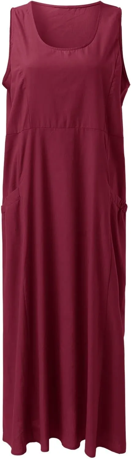 Summer Dresses for Women 2025 Cotton Linen Sleeveless Maxi Tank Dress Casual Beach Plus Size Sundresses with Pockets