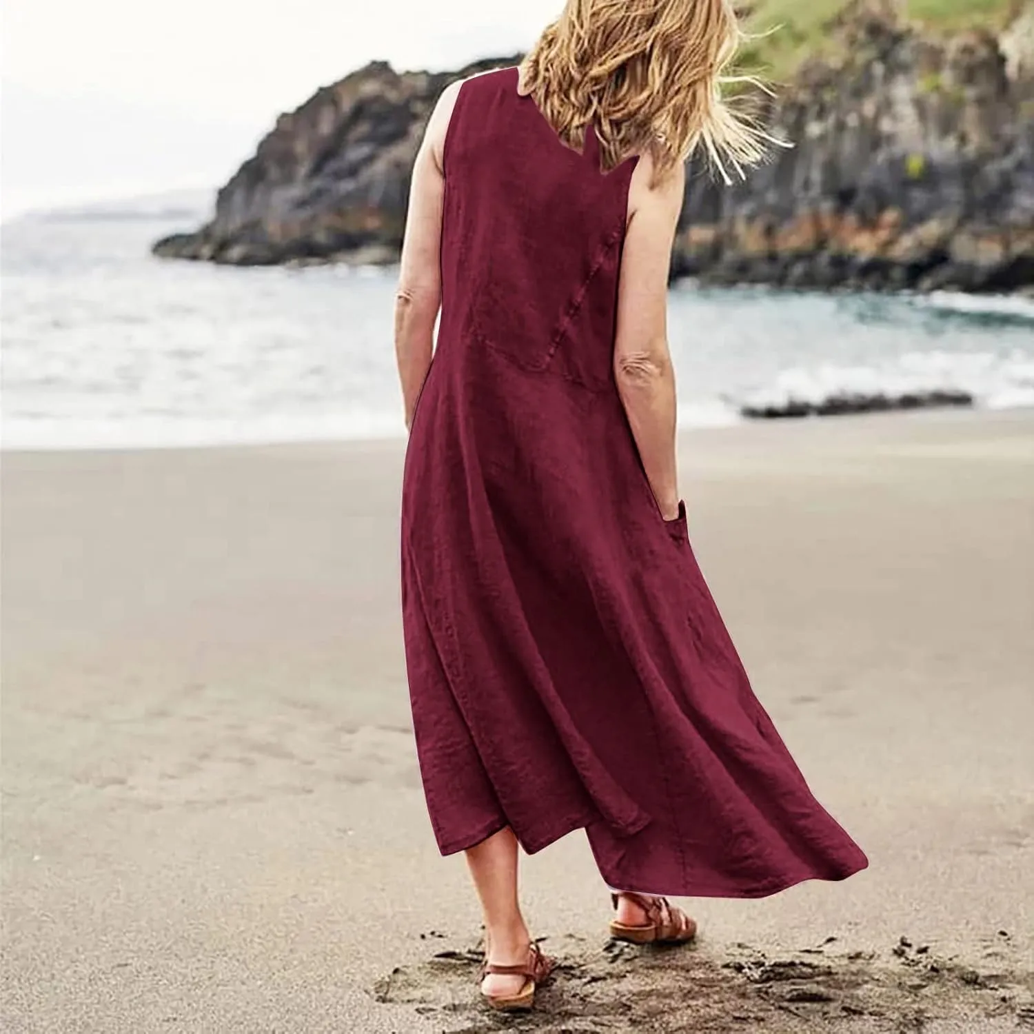 Summer Dresses for Women 2025 Cotton Linen Sleeveless Maxi Tank Dress Casual Beach Plus Size Sundresses with Pockets