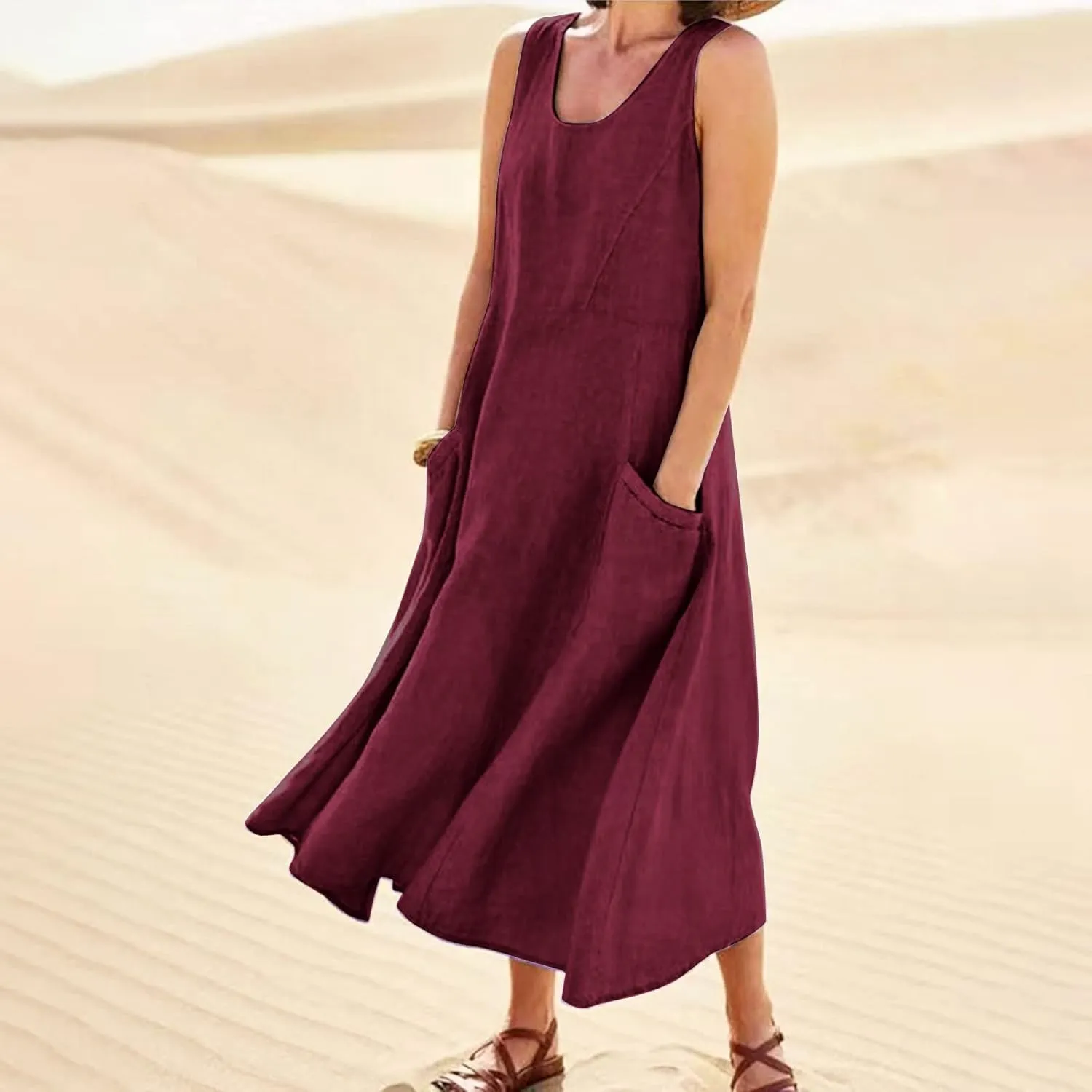 Summer Dresses for Women 2025 Cotton Linen Sleeveless Maxi Tank Dress Casual Beach Plus Size Sundresses with Pockets