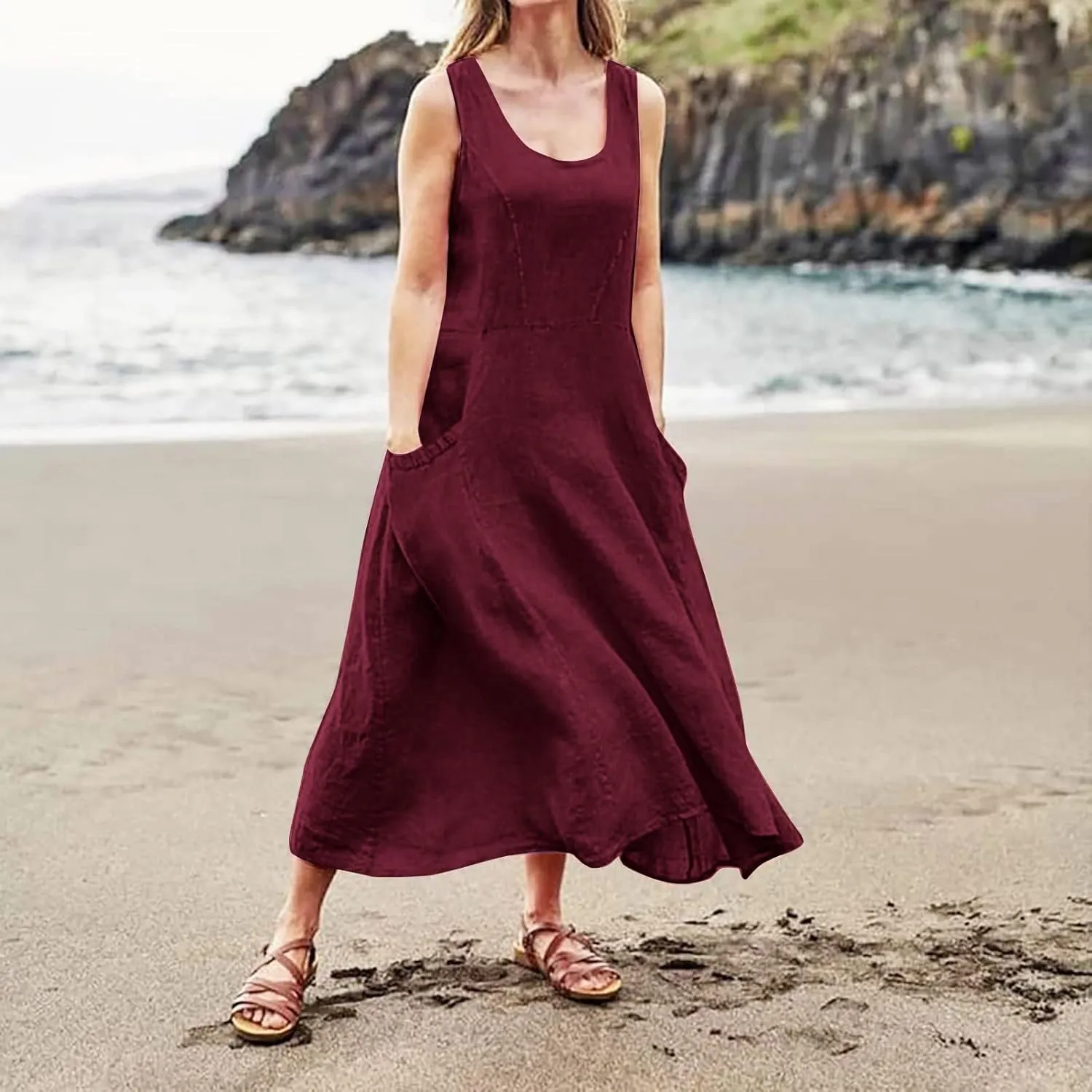 Summer Dresses for Women 2025 Cotton Linen Sleeveless Maxi Tank Dress Casual Beach Plus Size Sundresses with Pockets