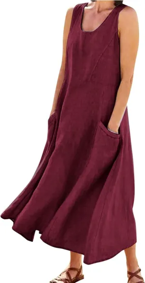 Summer Dresses for Women 2025 Cotton Linen Sleeveless Maxi Tank Dress Casual Beach Plus Size Sundresses with Pockets