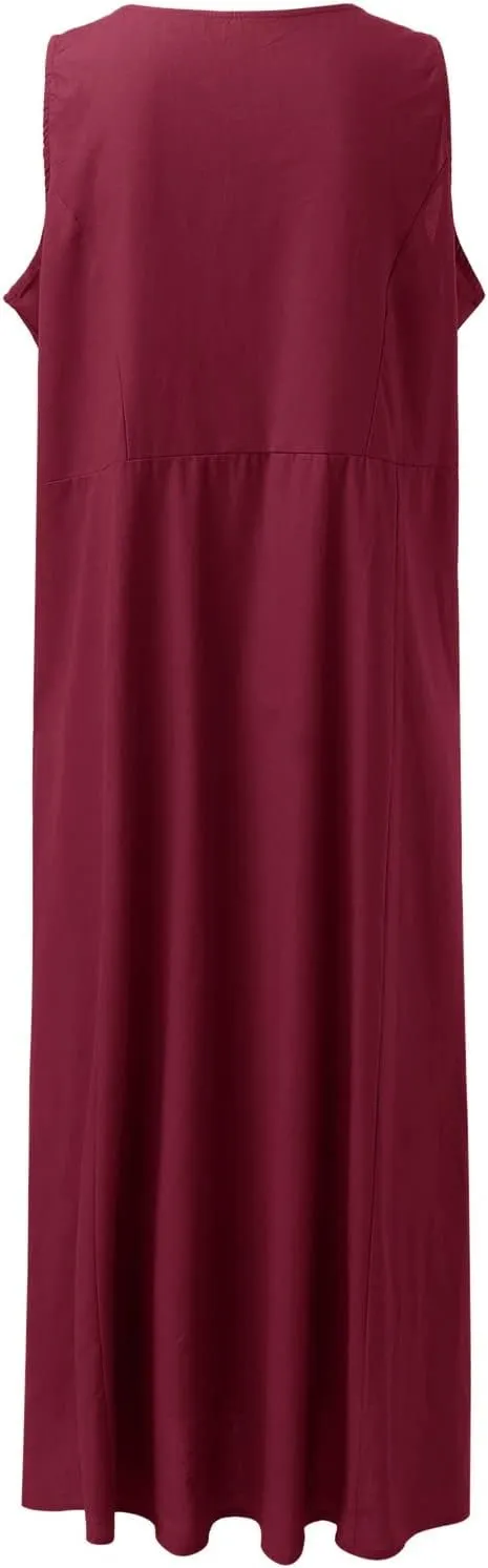 Summer Dresses for Women 2025 Cotton Linen Sleeveless Maxi Tank Dress Casual Beach Plus Size Sundresses with Pockets