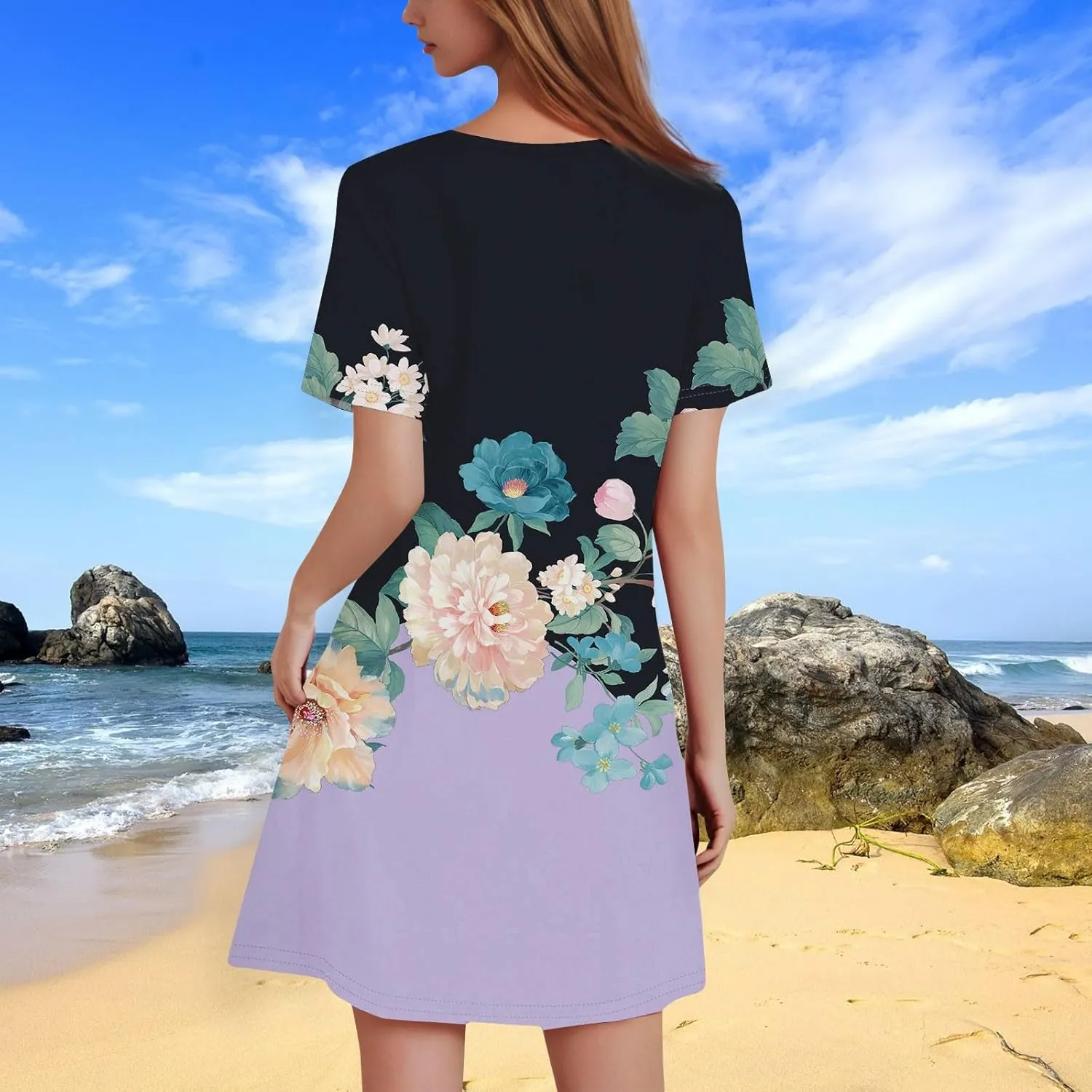 Summer Dresses for Women 2025 Floral A-Line Dresses Flowy Short Sleeve T Shirt Dress Casual Loose Beach Mini Dress