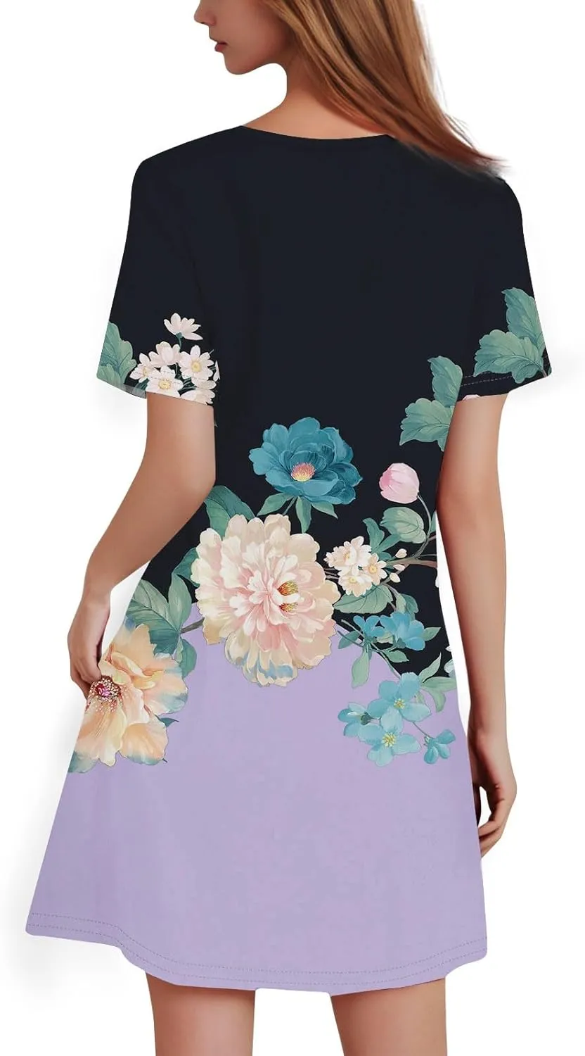Summer Dresses for Women 2025 Floral A-Line Dresses Flowy Short Sleeve T Shirt Dress Casual Loose Beach Mini Dress