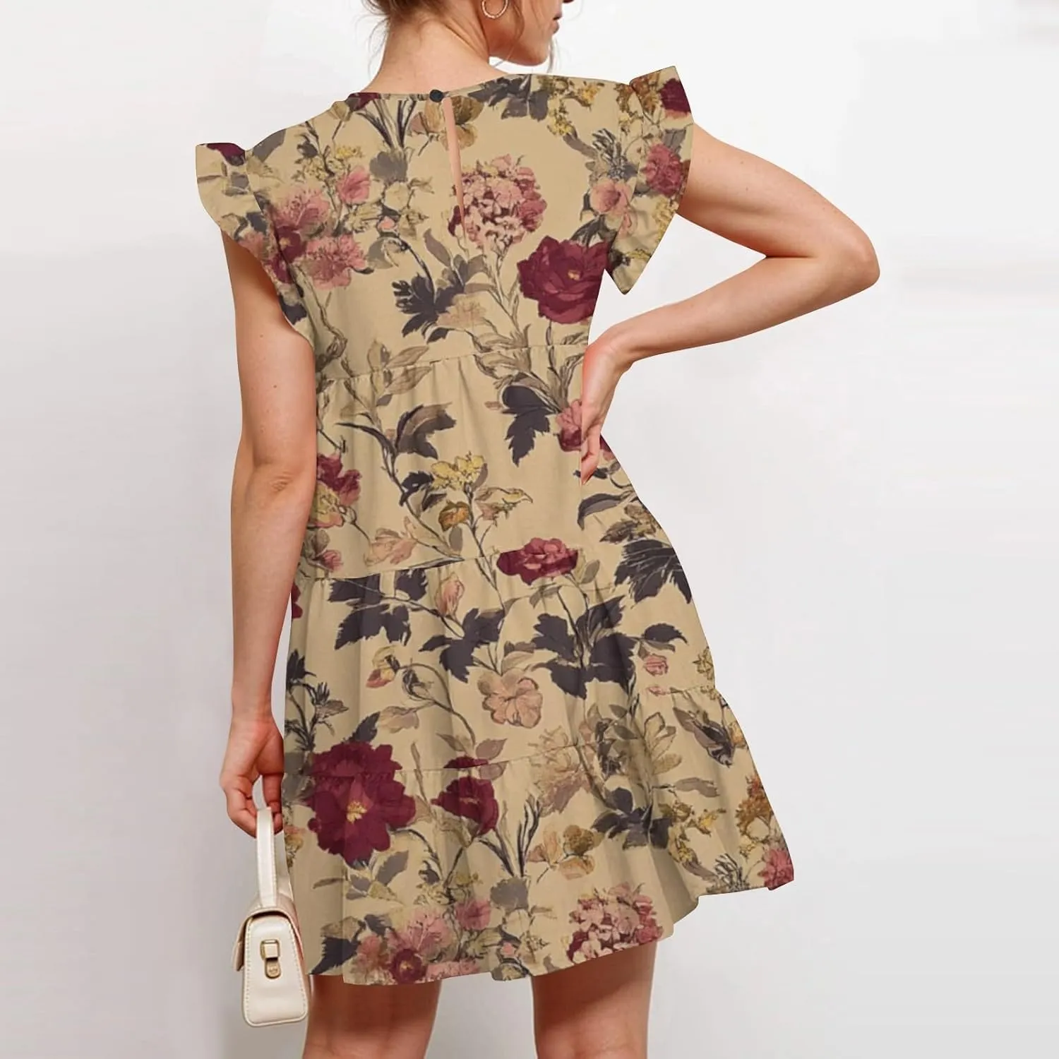 Summer Dresses for Women 2025 Floral Round Neck Shorts Sleeve Flowy Ruffle Mini Dress Beach Vacation Clothes