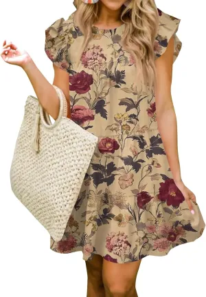 Summer Dresses for Women 2025 Floral Round Neck Shorts Sleeve Flowy Ruffle Mini Dress Beach Vacation Clothes