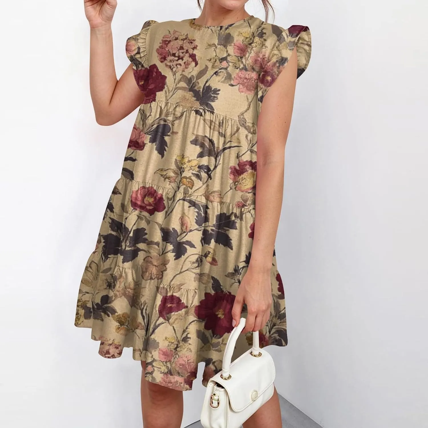 Summer Dresses for Women 2025 Floral Round Neck Shorts Sleeve Flowy Ruffle Mini Dress Beach Vacation Clothes