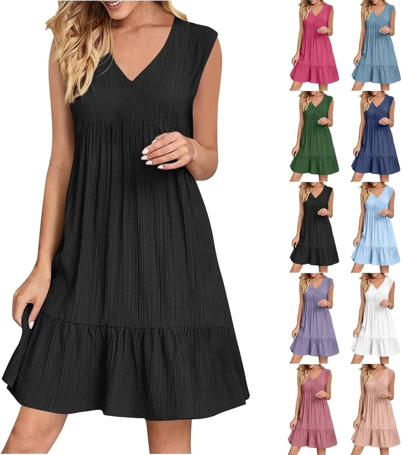 Summer Dresses for Women 2025 V-Neck Mini Dresses Fashion Casual Flowy Boho Ruffle A Line Short Sleeve Dress