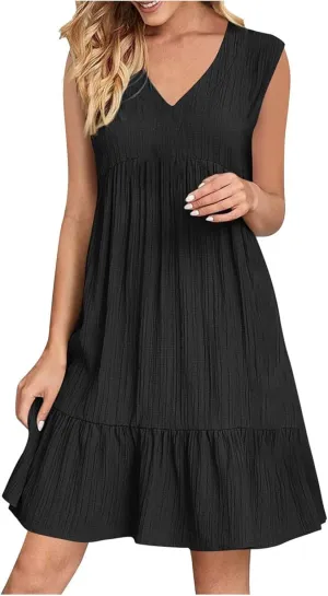 Summer Dresses for Women 2025 V-Neck Mini Dresses Fashion Casual Flowy Boho Ruffle A Line Short Sleeve Dress