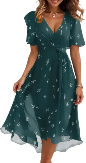 Summer Dresses for Women Boho Floral Printed Chiffon Dresses Elegant V Neck Wedding Prom Cocktail Midi Dress