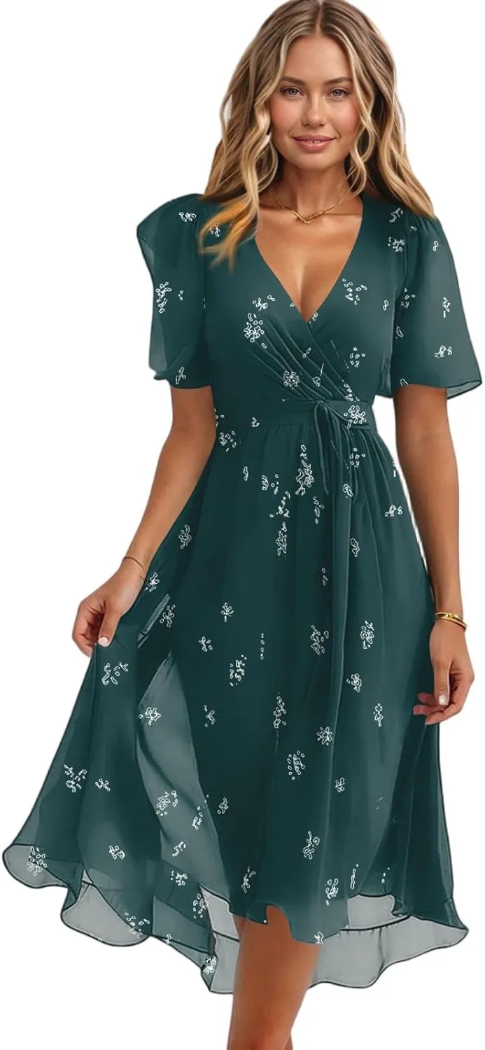 Summer Dresses for Women Boho Floral Printed Chiffon Dresses Elegant V Neck Wedding Prom Cocktail Midi Dress