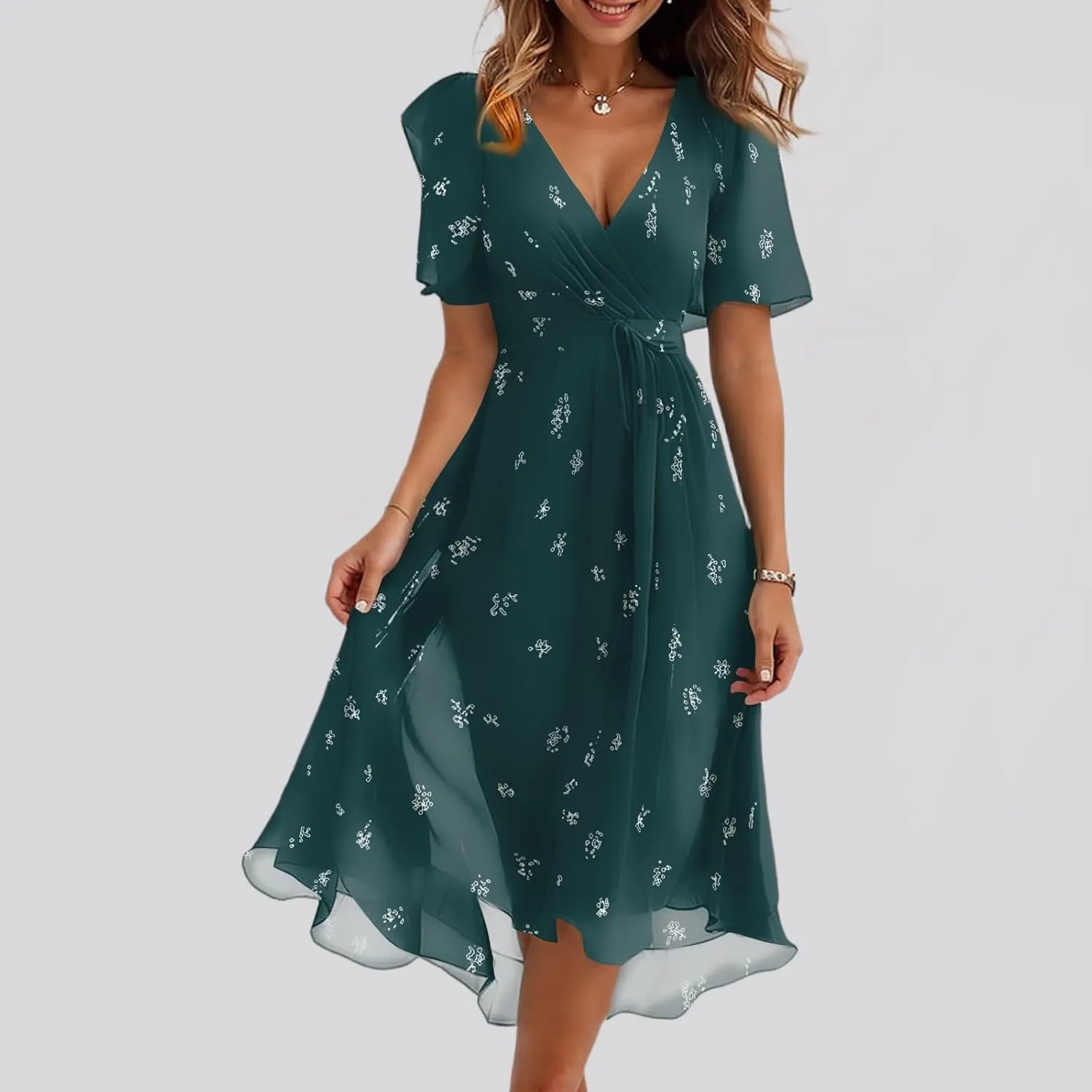 Summer Dresses for Women Boho Floral Printed Chiffon Dresses Elegant V Neck Wedding Prom Cocktail Midi Dress