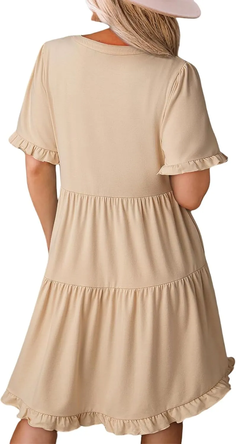 Summer Dresses for Women Casual Short Sleeve V Neck Babydoll Dress Ruffle Tiered Midi Dresses Flowy Beach Dress