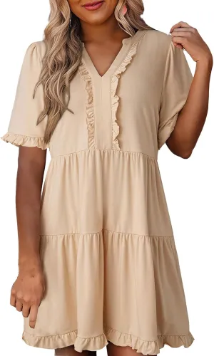 Summer Dresses for Women Casual Short Sleeve V Neck Babydoll Dress Ruffle Tiered Midi Dresses Flowy Beach Dress