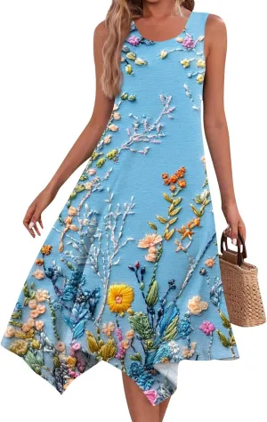 Summer Dresses for Women Summer Casual Beach Sundresses Flowy Hankerchief Hem Midi Tank Dresses Floral Sleeveless Dress