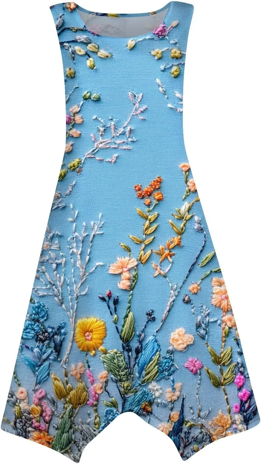 Summer Dresses for Women Summer Casual Beach Sundresses Flowy Hankerchief Hem Midi Tank Dresses Floral Sleeveless Dress