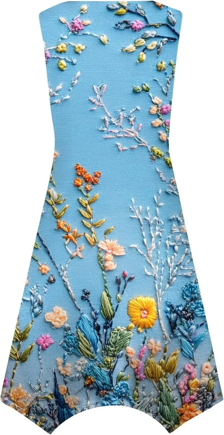 Summer Dresses for Women Summer Casual Beach Sundresses Flowy Hankerchief Hem Midi Tank Dresses Floral Sleeveless Dress
