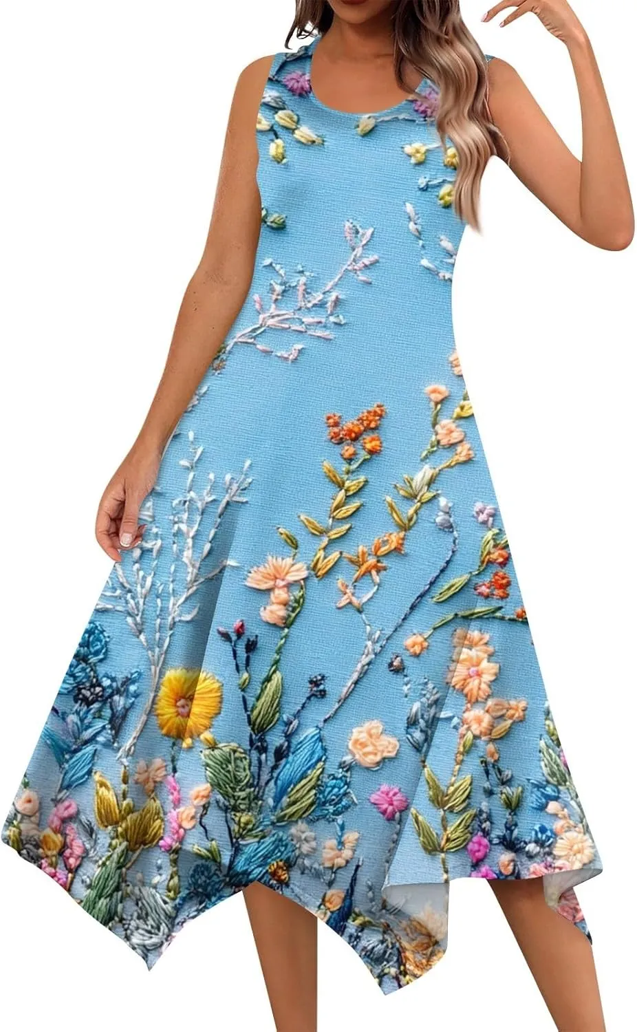 Summer Dresses for Women Summer Casual Beach Sundresses Flowy Hankerchief Hem Midi Tank Dresses Floral Sleeveless Dress