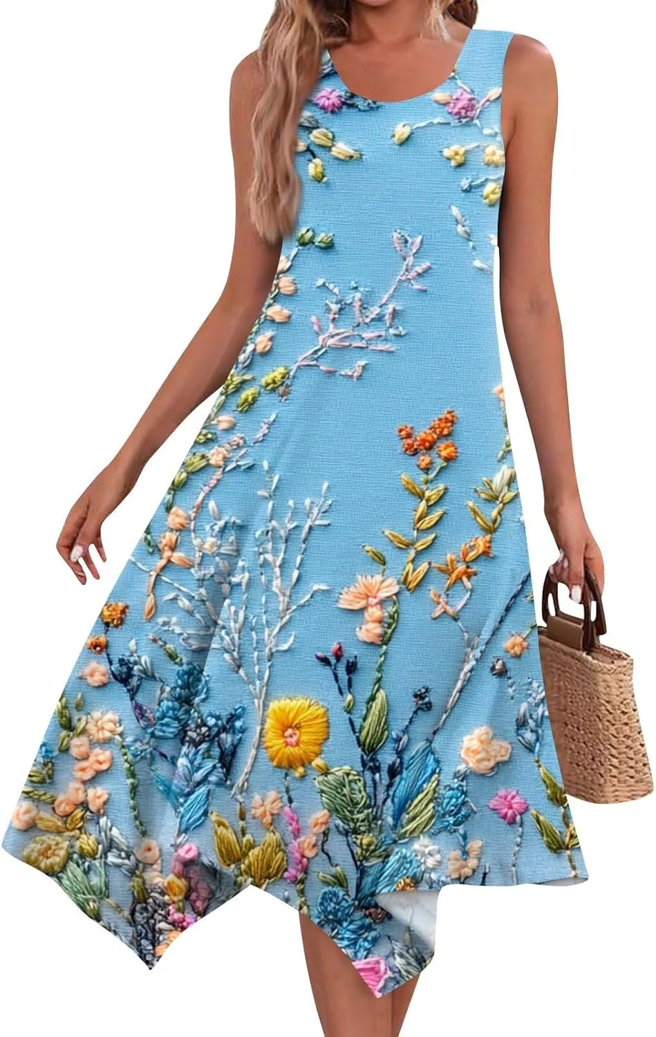 Summer Dresses for Women Summer Casual Beach Sundresses Flowy Hankerchief Hem Midi Tank Dresses Floral Sleeveless Dress