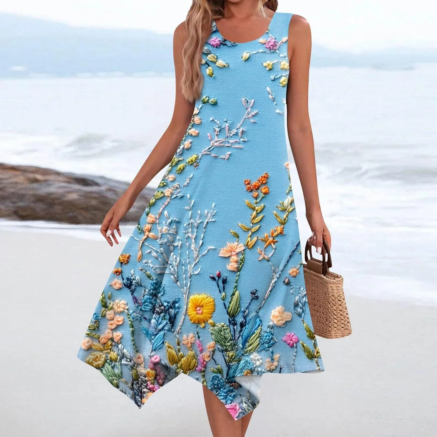 Summer Dresses for Women Summer Casual Beach Sundresses Flowy Hankerchief Hem Midi Tank Dresses Floral Sleeveless Dress