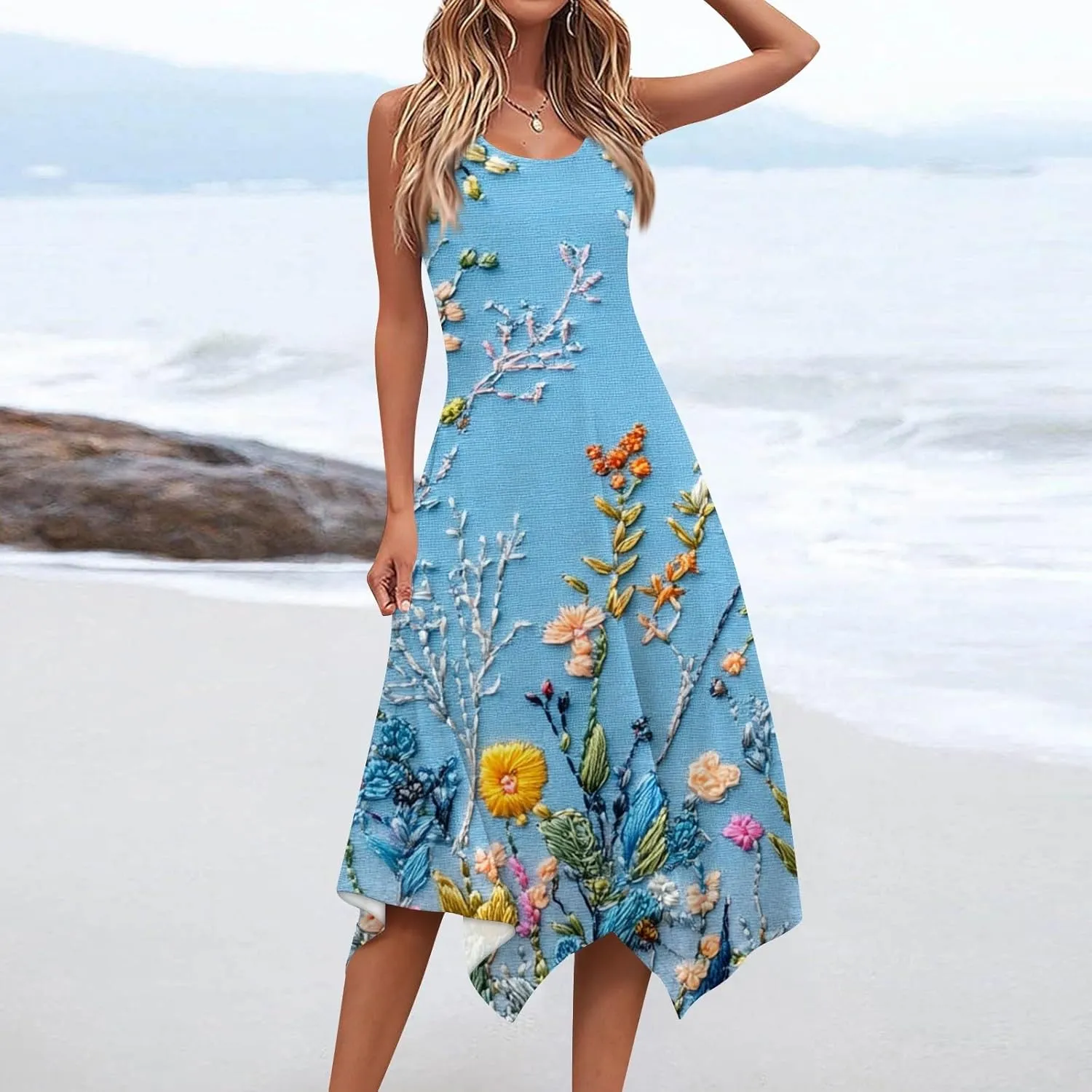 Summer Dresses for Women Summer Casual Beach Sundresses Flowy Hankerchief Hem Midi Tank Dresses Floral Sleeveless Dress