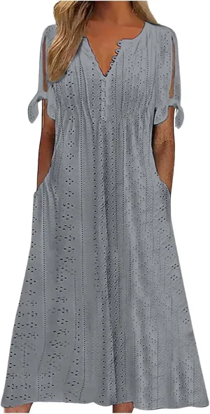 Summer Dresses for Women Trendy V Neck Short Sleeve Eyelet Dress Casual Pocket Holiday Party Beach Vacation Midi Sundress