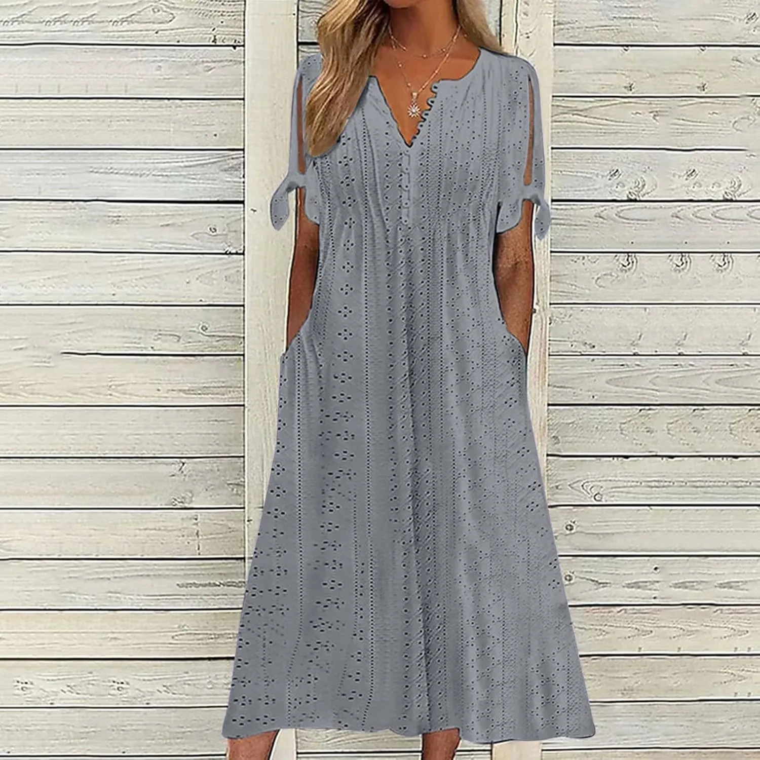 Summer Dresses for Women Trendy V Neck Short Sleeve Eyelet Dress Casual Pocket Holiday Party Beach Vacation Midi Sundress
