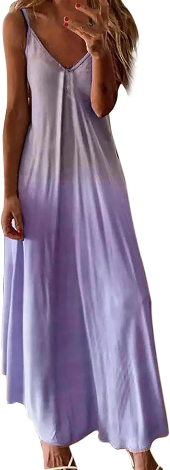 Summer Dresses for Womens 2024 Dressy Casual Sleeveless Sexy V Neck Long Maxi Dress Beach Floor Length Sundress