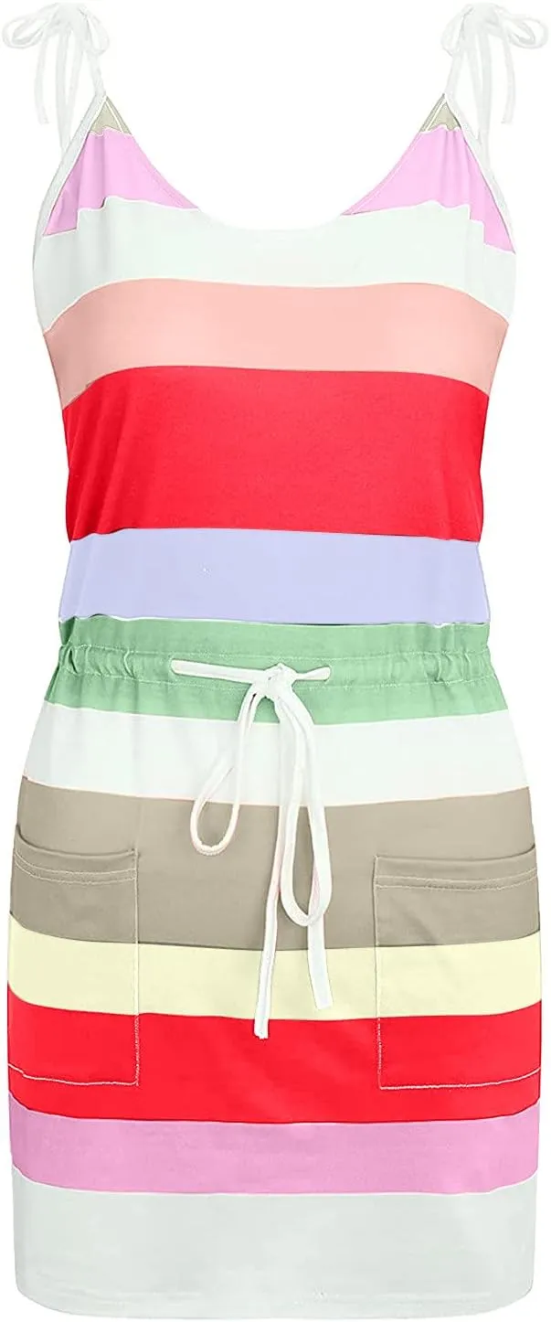 Summer Sundresses for Women Beach Dress Casual V-Neck Sleeveless Bandage Stripe Printing Loose Vest Sling Dress