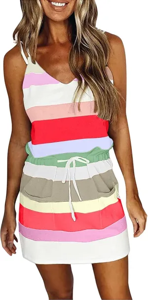Summer Sundresses for Women Beach Dress Casual V-Neck Sleeveless Bandage Stripe Printing Loose Vest Sling Dress