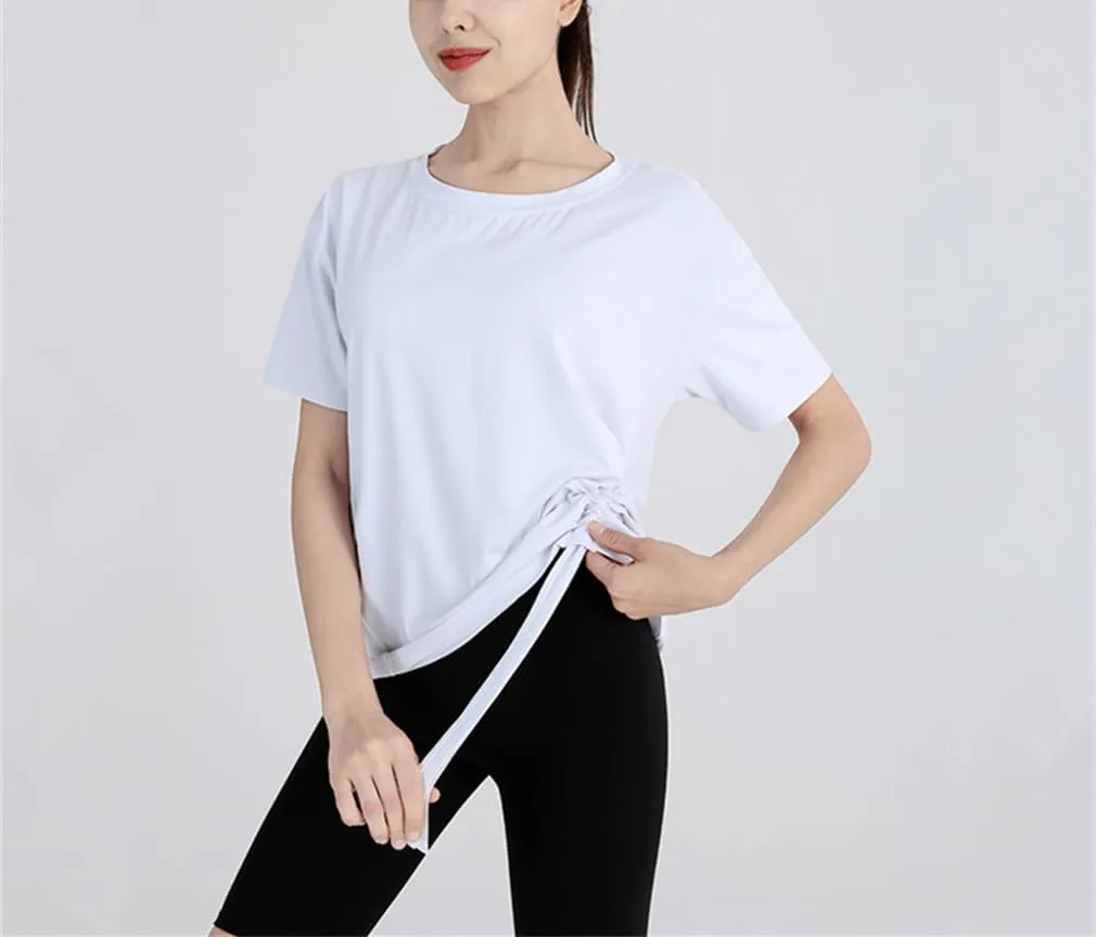 Summer Women Loose Yoga Shirts Short Sleeves Sport T-Shirts Bandage Running Shirt Girls Quick Dry Gym Fitness Tee Tops Sportw